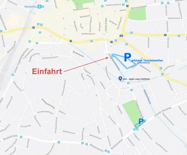 Parkieren beim open way institute: owi Praxis für Integrative Hypnosetherapie - Veränderungscoaching